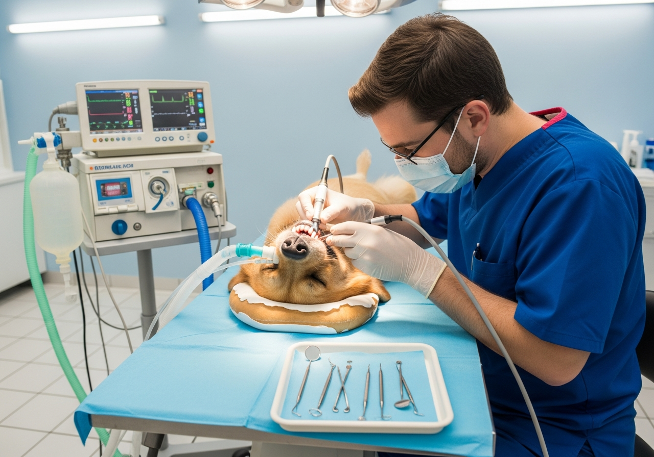 וטרינר מבצע ניקוי שיניים מקצועי לכלב תחת הרדמה