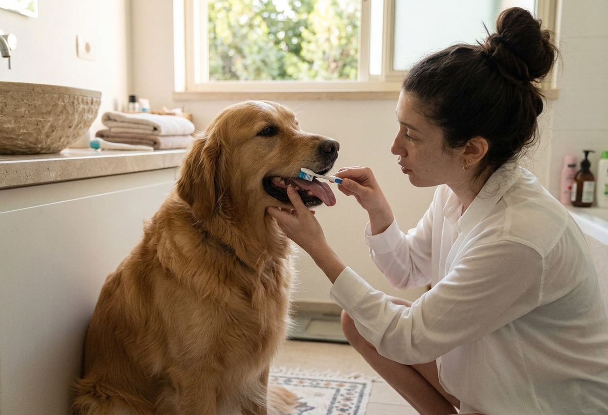 בעלת כלב מצחצחת שיניים לגולדן רטריבר בבית