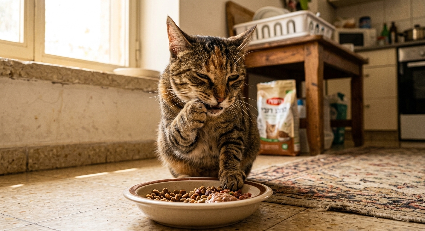 חתול מראה סימני אי נוחות בזמן אכילה — סימן אפשרי לבעיית שיניים