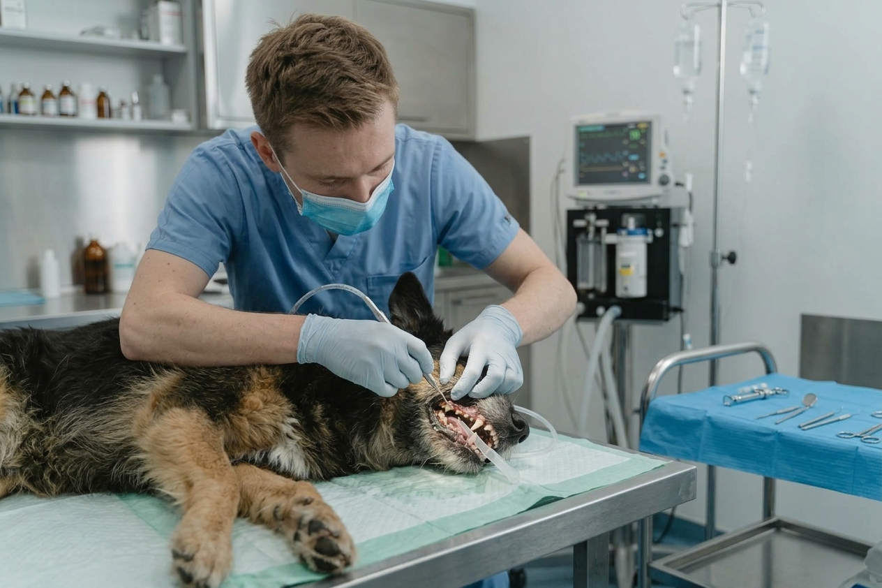 וטרינר מבצע ניקוי שיניים מקצועי לכלב בהרדמה