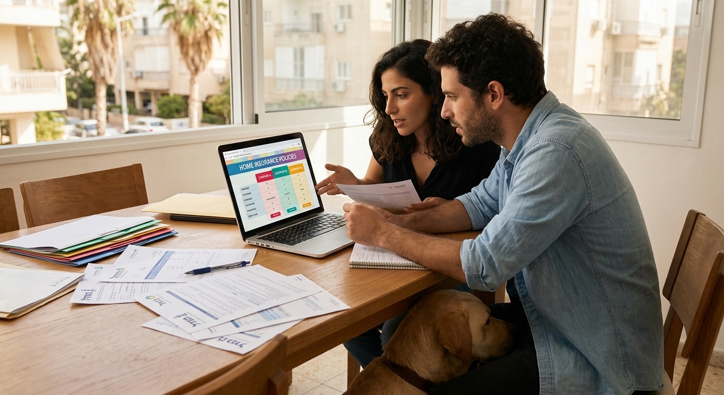 זוג ישראלי משווה אפשרויות ביטוח והשתתפות עצמית