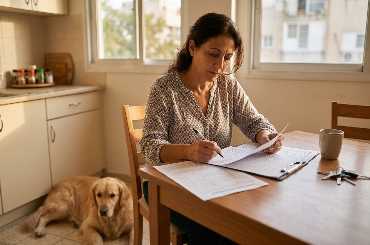 אישה ישראלית סוקרת פוליסת ביטוח לחיית מחמד