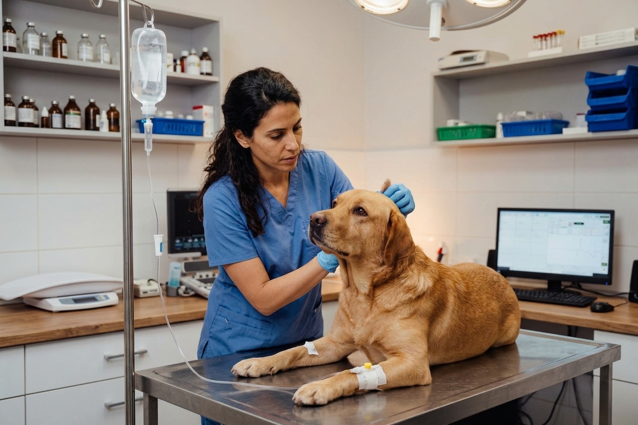 כלב מקבל טיפול עם עירוי בווטרינר — השתתפות עצמית במקרים יקרים