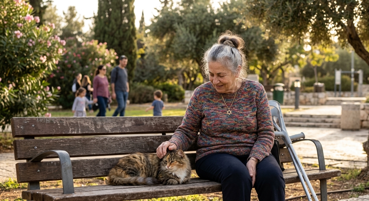 אישה מבוגרת מלטפת חתול על ספסל בפארק — חיות מחמד תורמות לשמירה על תפקוד קוגניטיבי