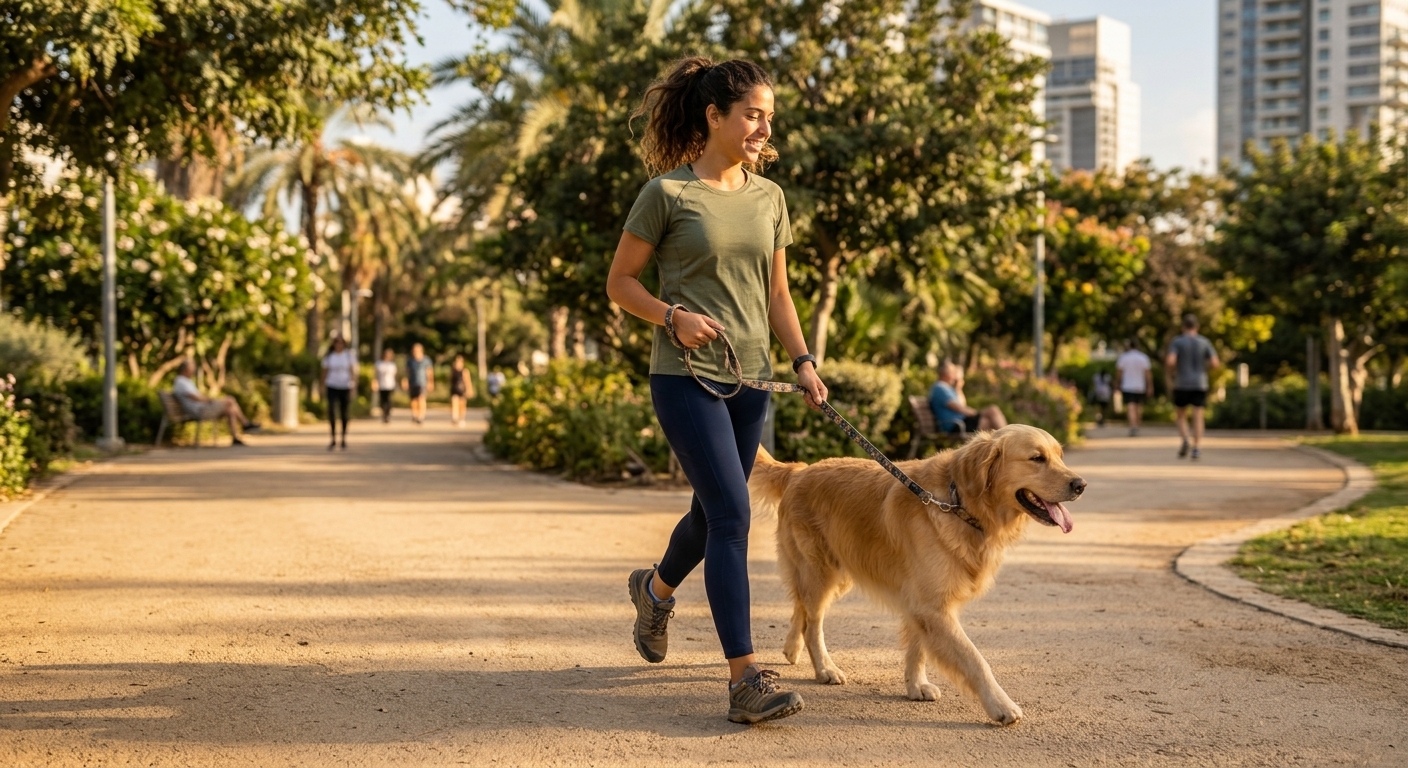 אישה צעירה הולכת עם כלב בפארק — פעילות גופנית יומית שתורמת לבריאות הלב