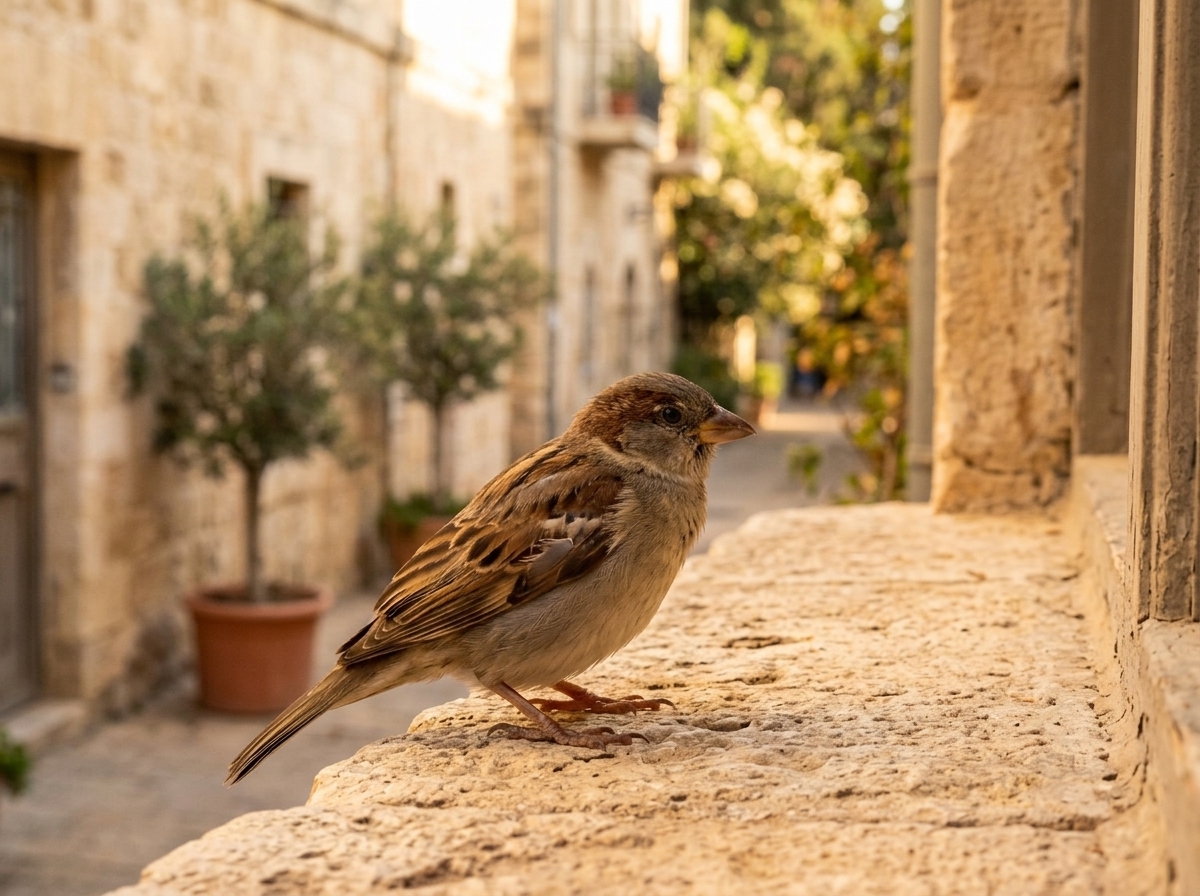 דרור קטן עם כנף פגועה על אדן חלון של בניין ישראלי