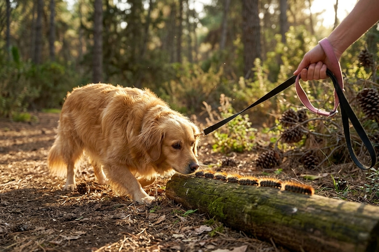 כלב מריח תהלוכת זחלים בפארק ישראלי ובעלים מושכים ברתמת