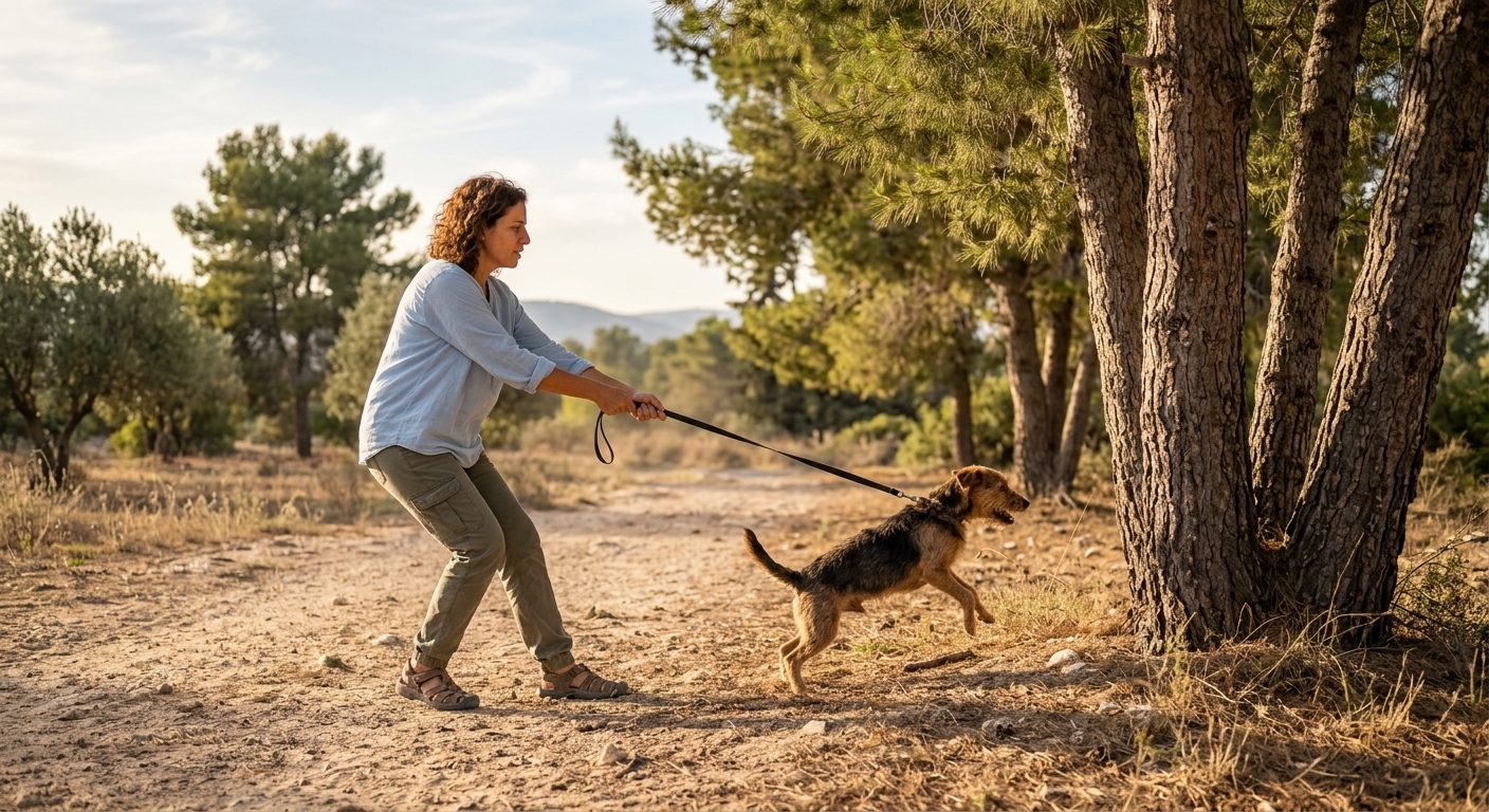 בעלת כלב מושכת ברתמת ומרחיקה את כלבה מאזור אורן