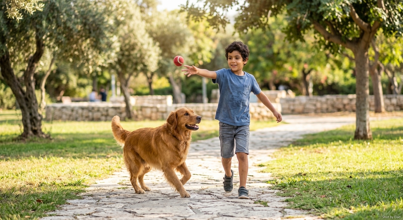 ילד ישראלי משחק עם כלב בגן — ילדים וכלבים