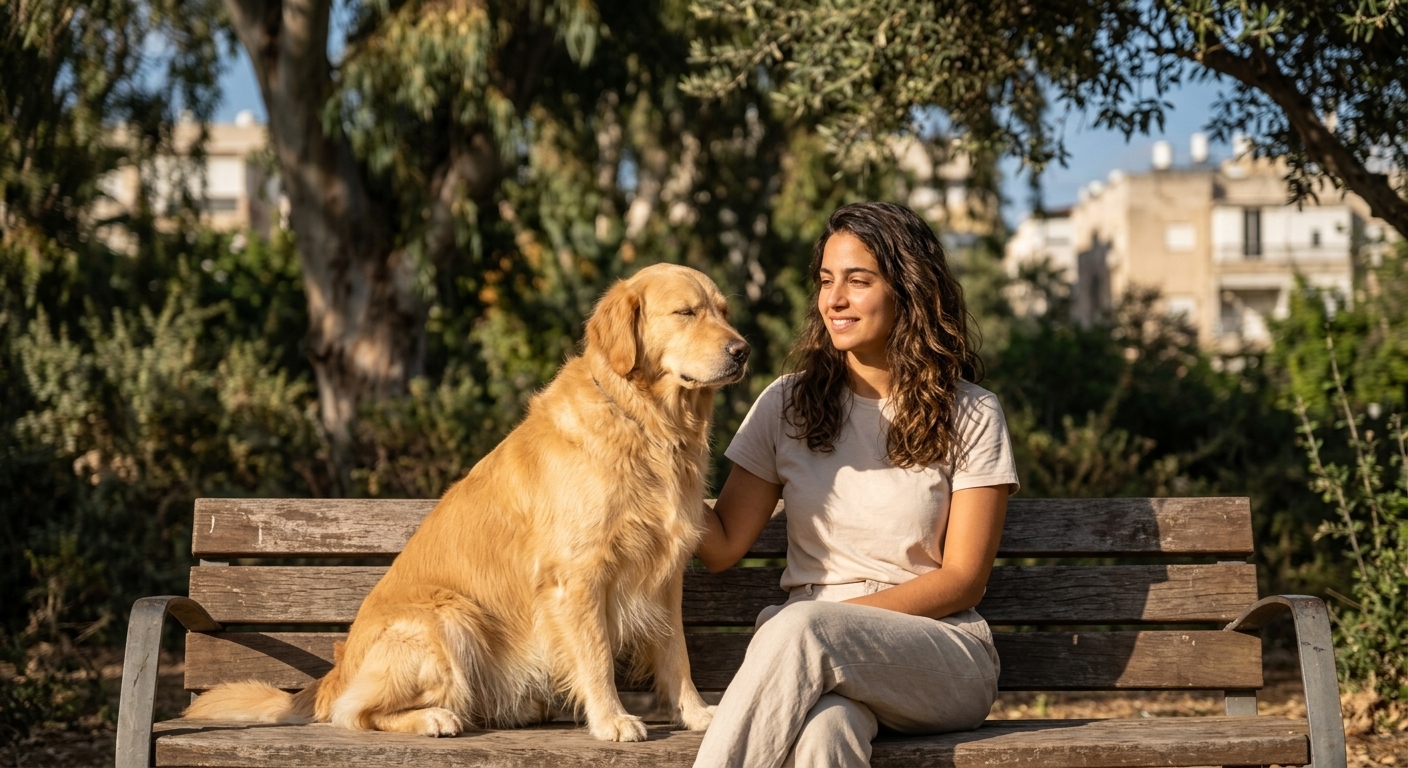 כלב בוגר רגוע שוכב על ספסל — יתרון הכלב הבוגר
