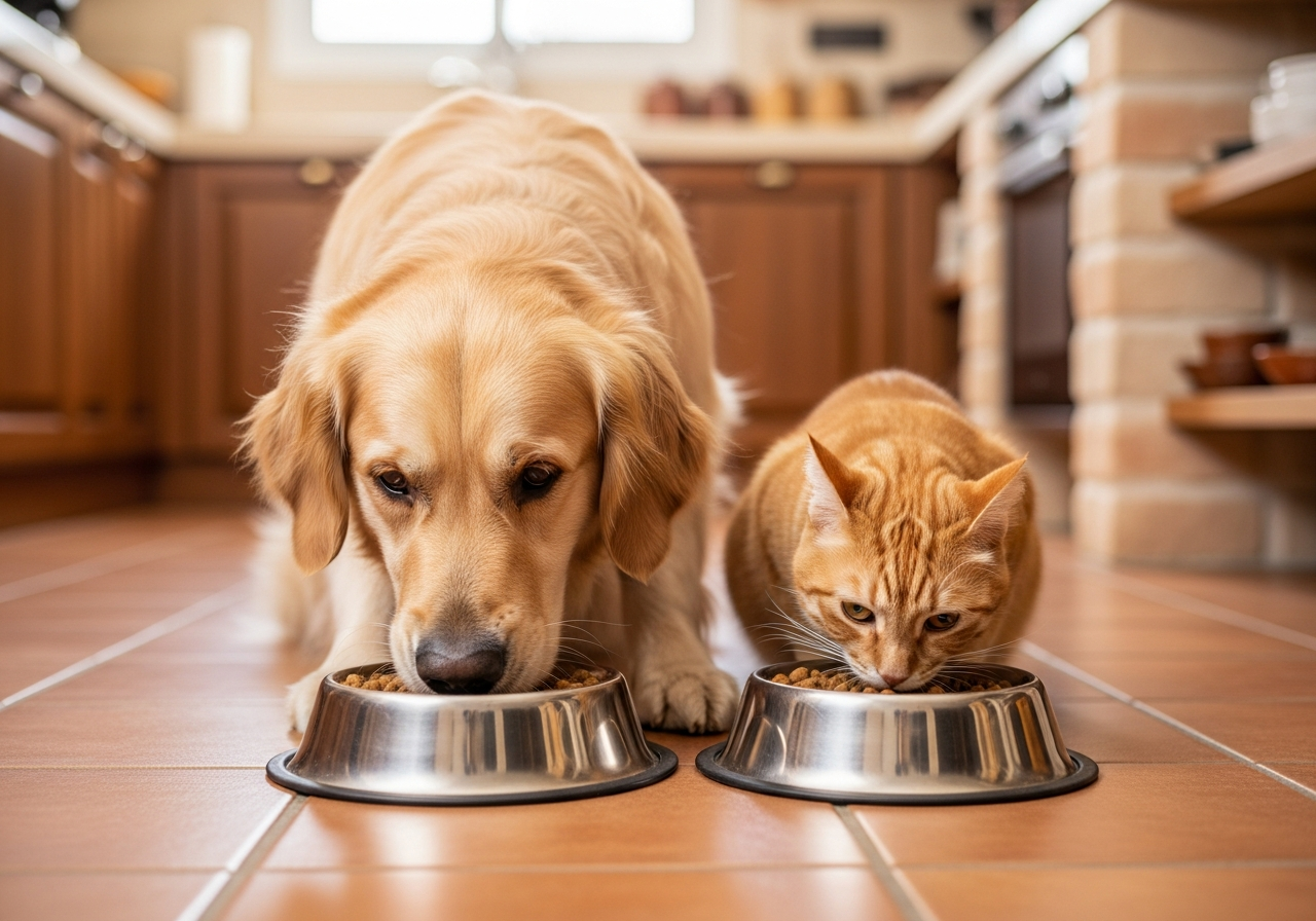 כלב וחתול אוכלים יחד מקערות מזון