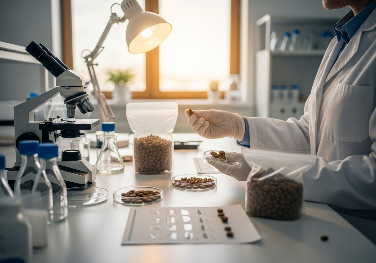 מעבדת מחקר תזונה לחיות מחמד עם דגימות מזון ומכשירי מדידה