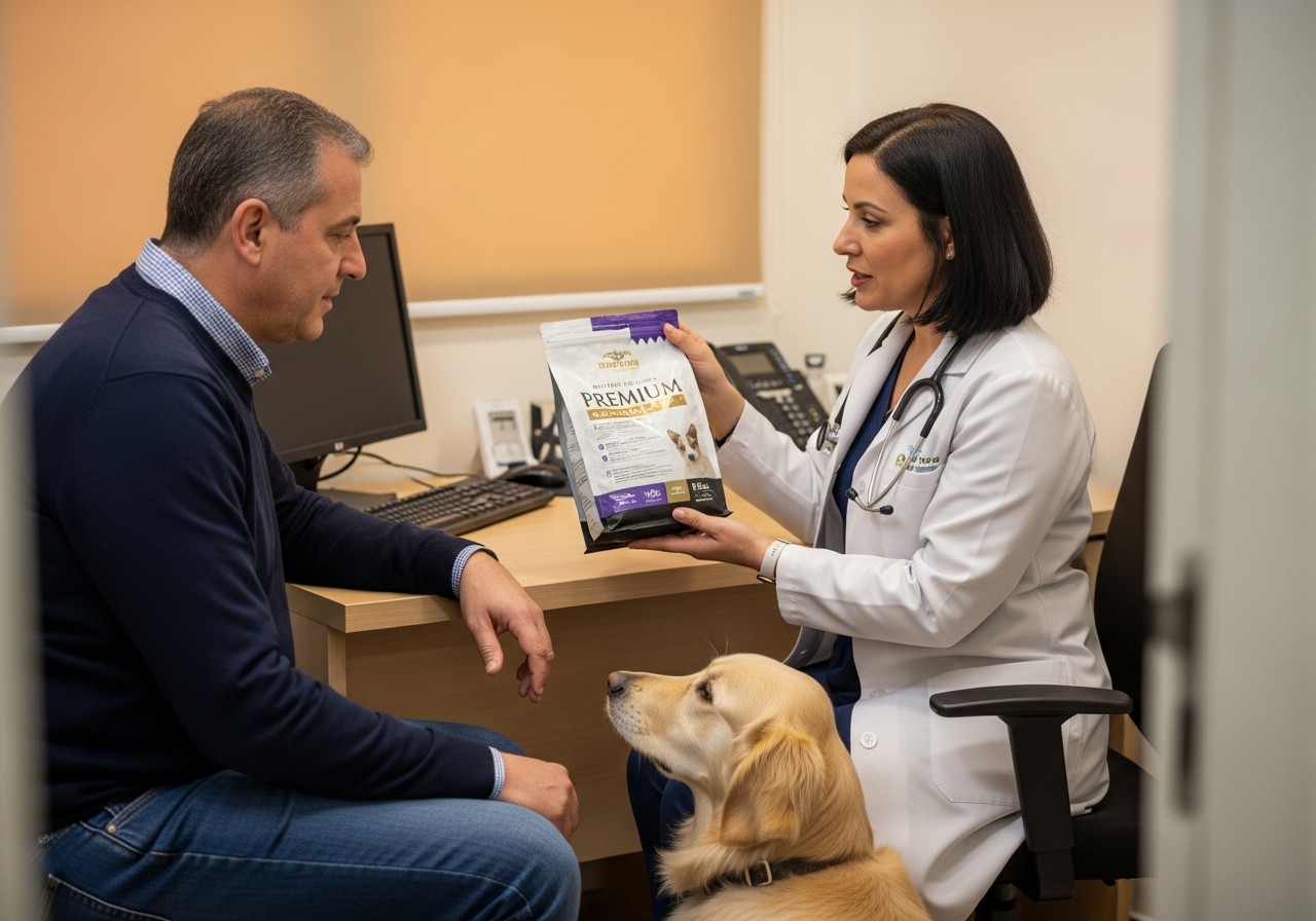 וטרינרית משוחחת עם בעלת כלב על תזונה במרפאה