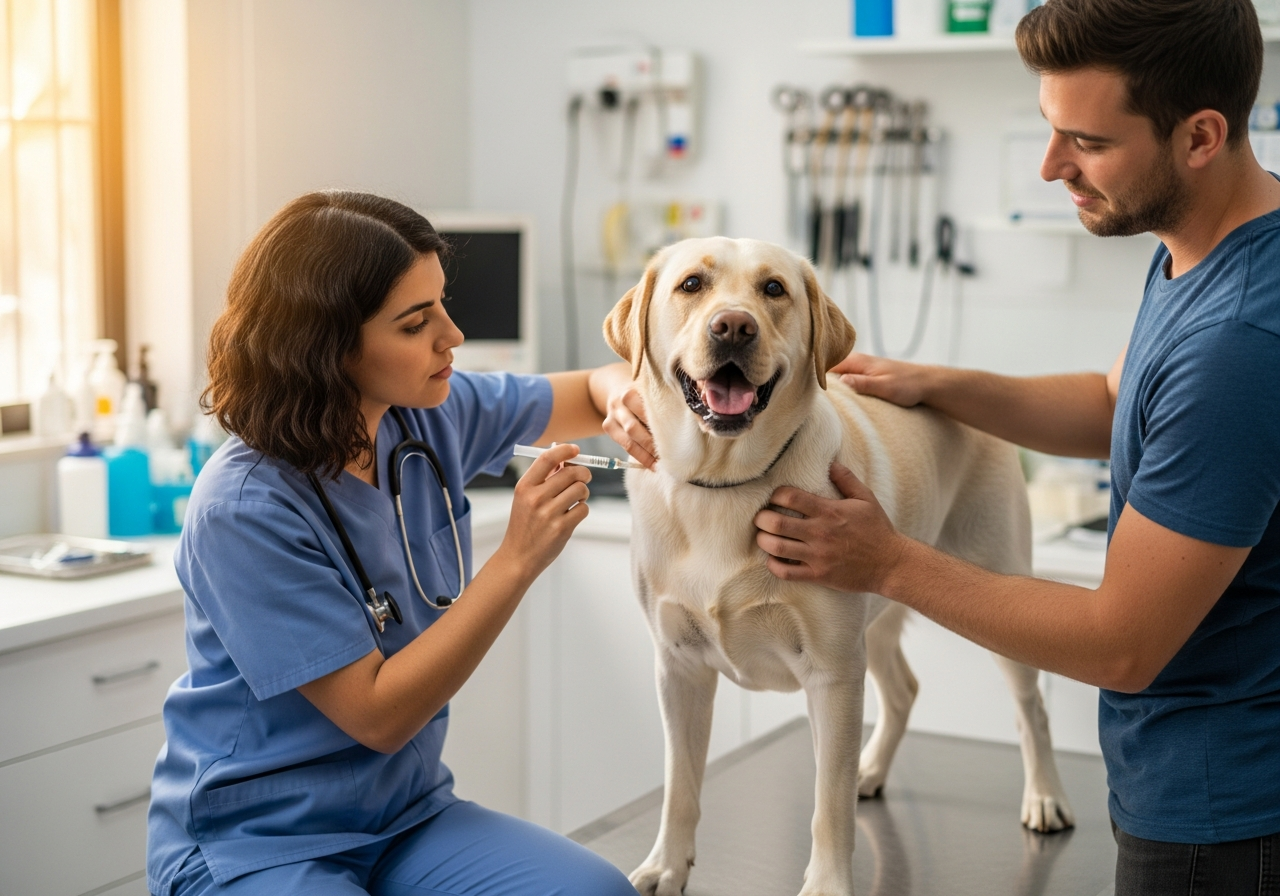 כלב מקבל חיסון נגד כלבת אצל הווטרינר