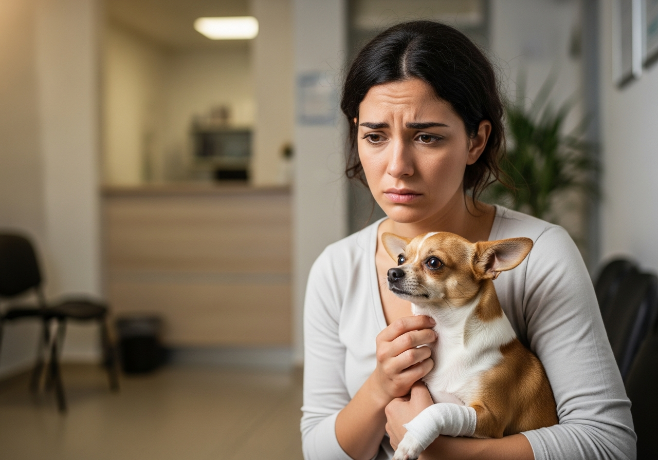 בעלת כלב מודאגת עם חיית המחמד אצל הווטרינר