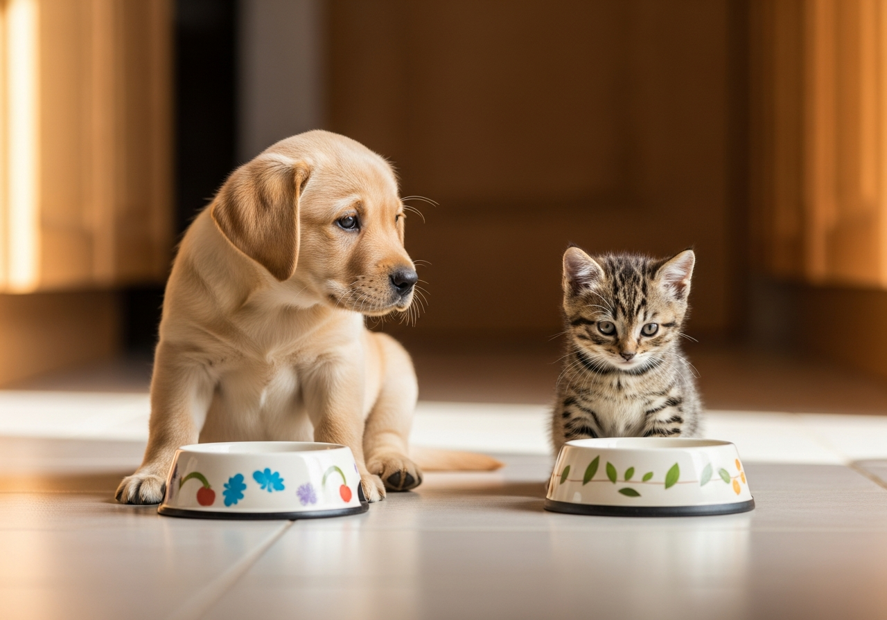 גור כלבים וחתלתול אוכלים — סיכון תזונתי מוגבר בגיל צעיר