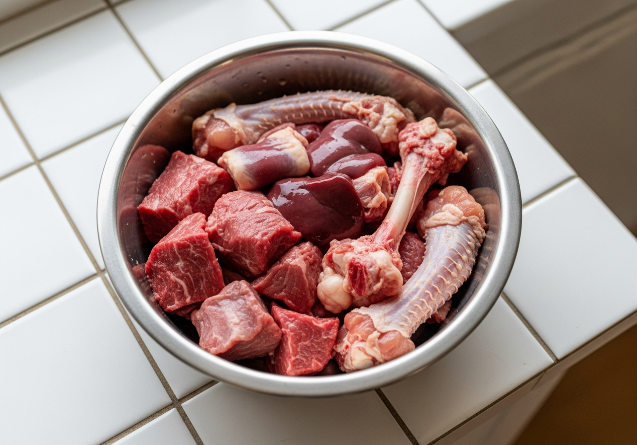 קערת מזון נא לכלבים — בשר, עצמות ואיברים