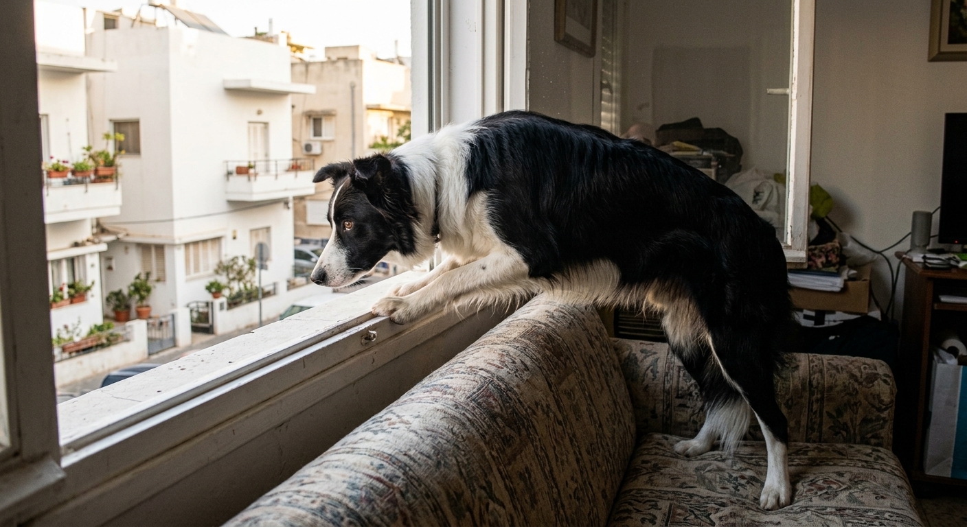 כלב מביט מבעד לחלון וחרד כשבעליו אינם בבית