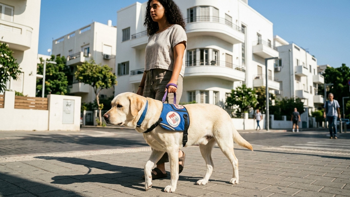 כלב סיוע עם אפודה כחולה מזהה ברחוב בישראל