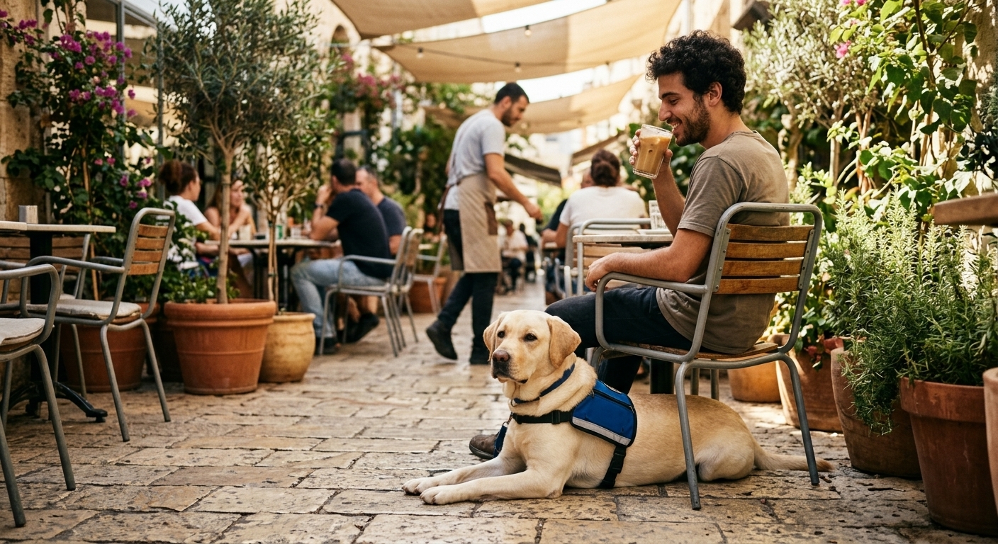 כלב סיוע שוכב ברוגע ליד בעליו בבית קפה