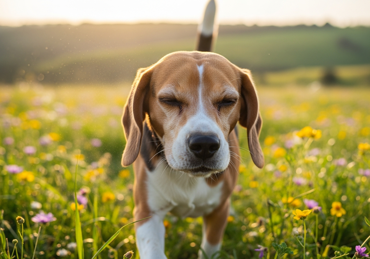 ביגל בשדה פרחים — אלרגיה סביבתית לאבקנים