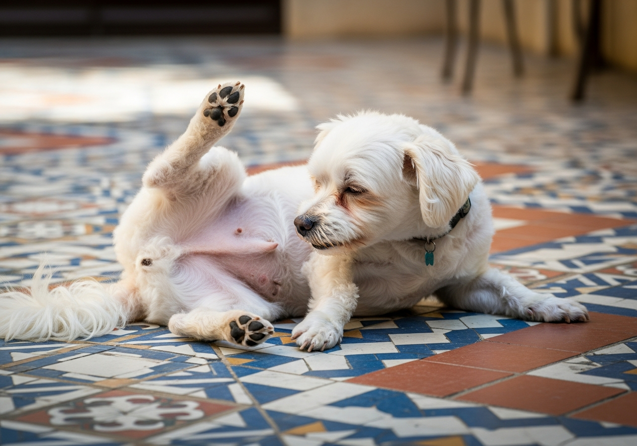 כלב לבן קטן מתגרד בבטן — אלרגיה לפרעושים