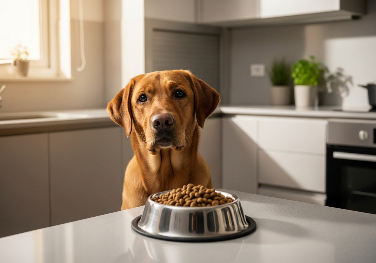 לברדור ליד קערת מזון היפואלרגני במטבח