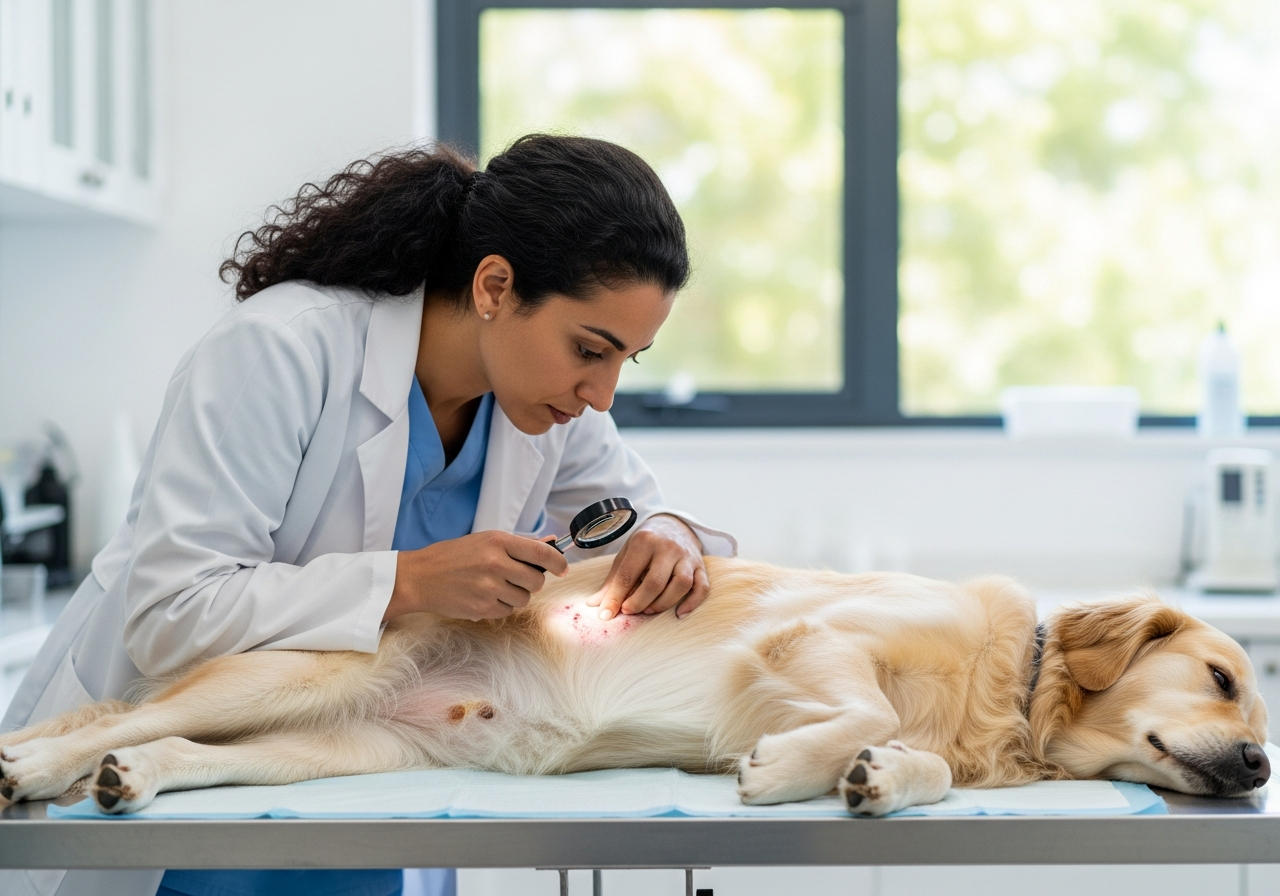 וטרינרית בודקת את עור הבטן של גולדן רטריבר