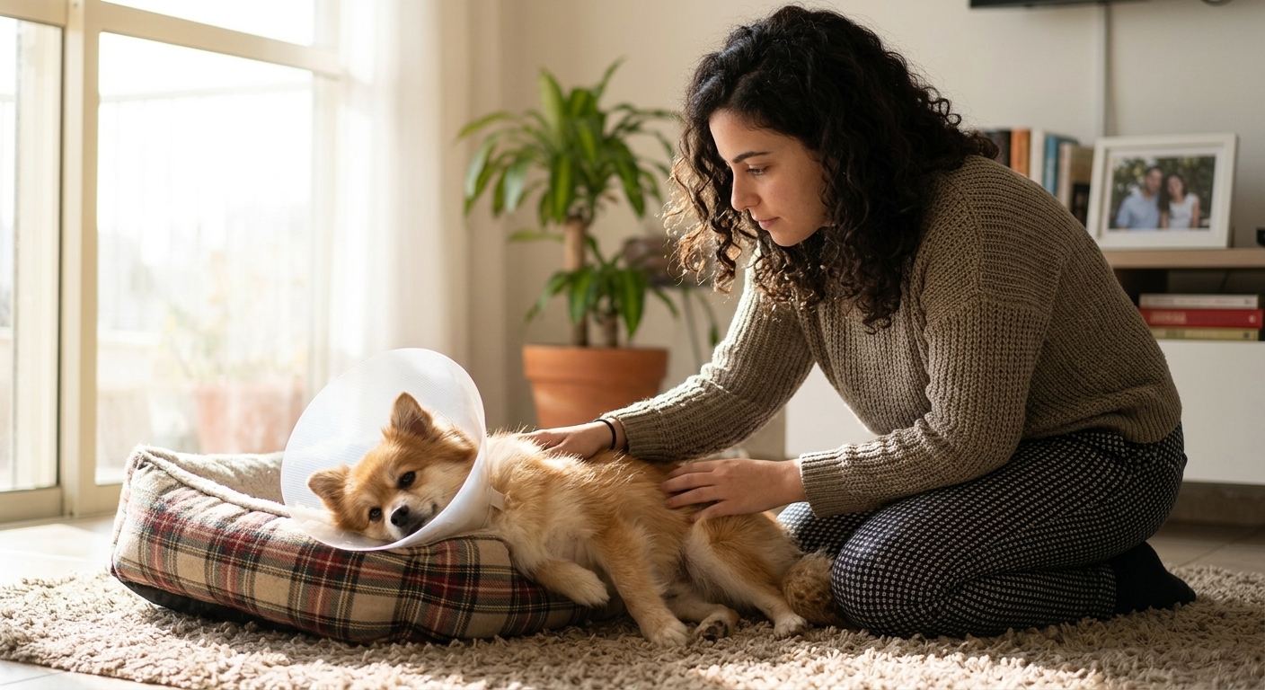 בעלת כלב בודקת בעדינות את אזור הניתוח של הכלב המחלים