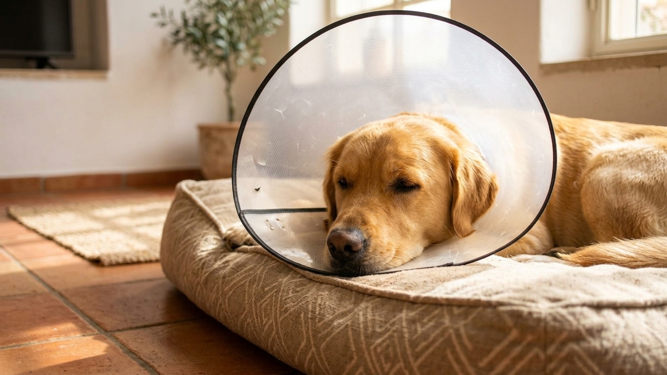 כלב עם קולר רפואי נח על מיטה רכה אחרי ניתוח עיקור