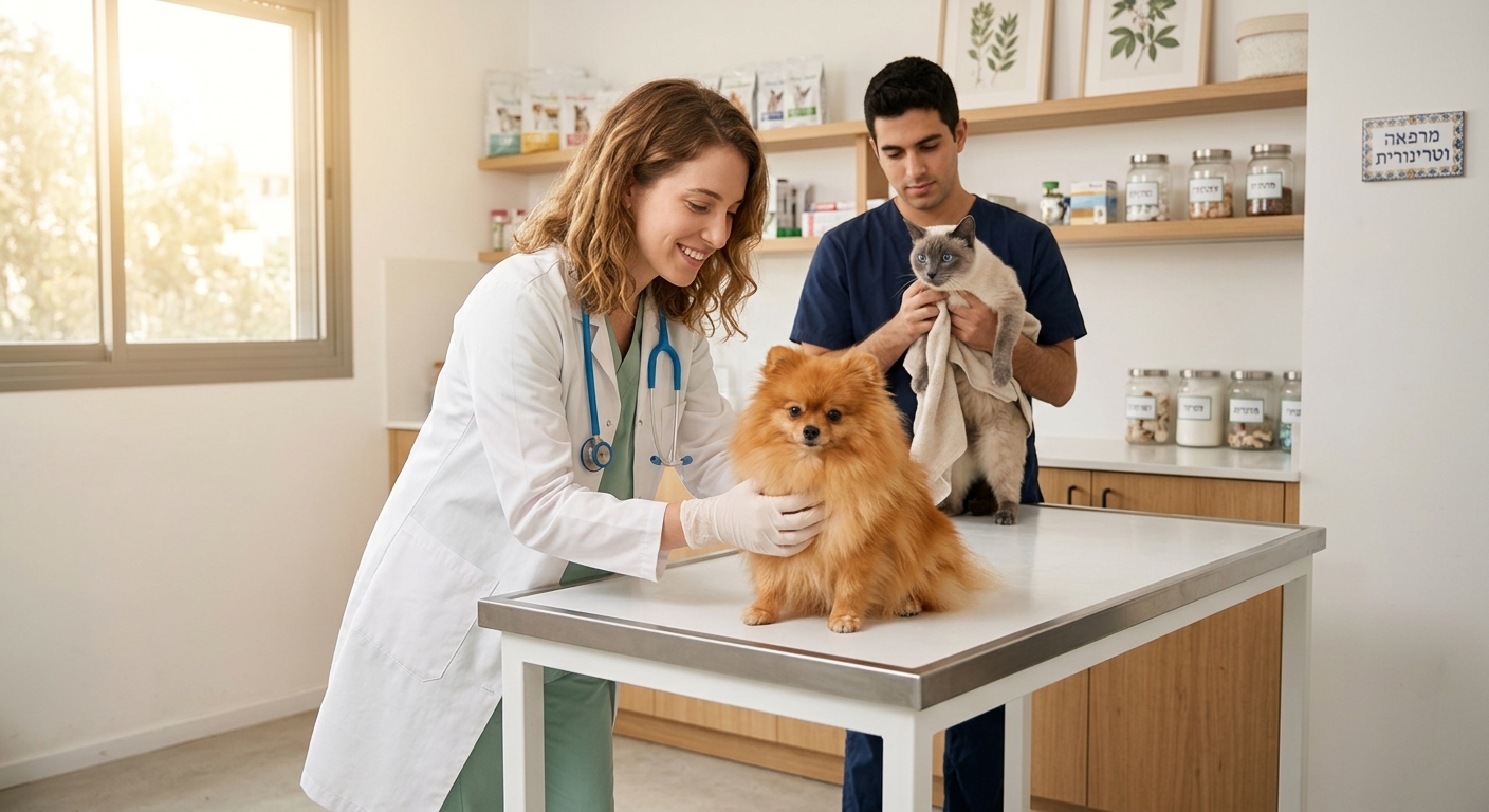 וטרינרית עם פומרניאן וחתול סיאמי במרפאה