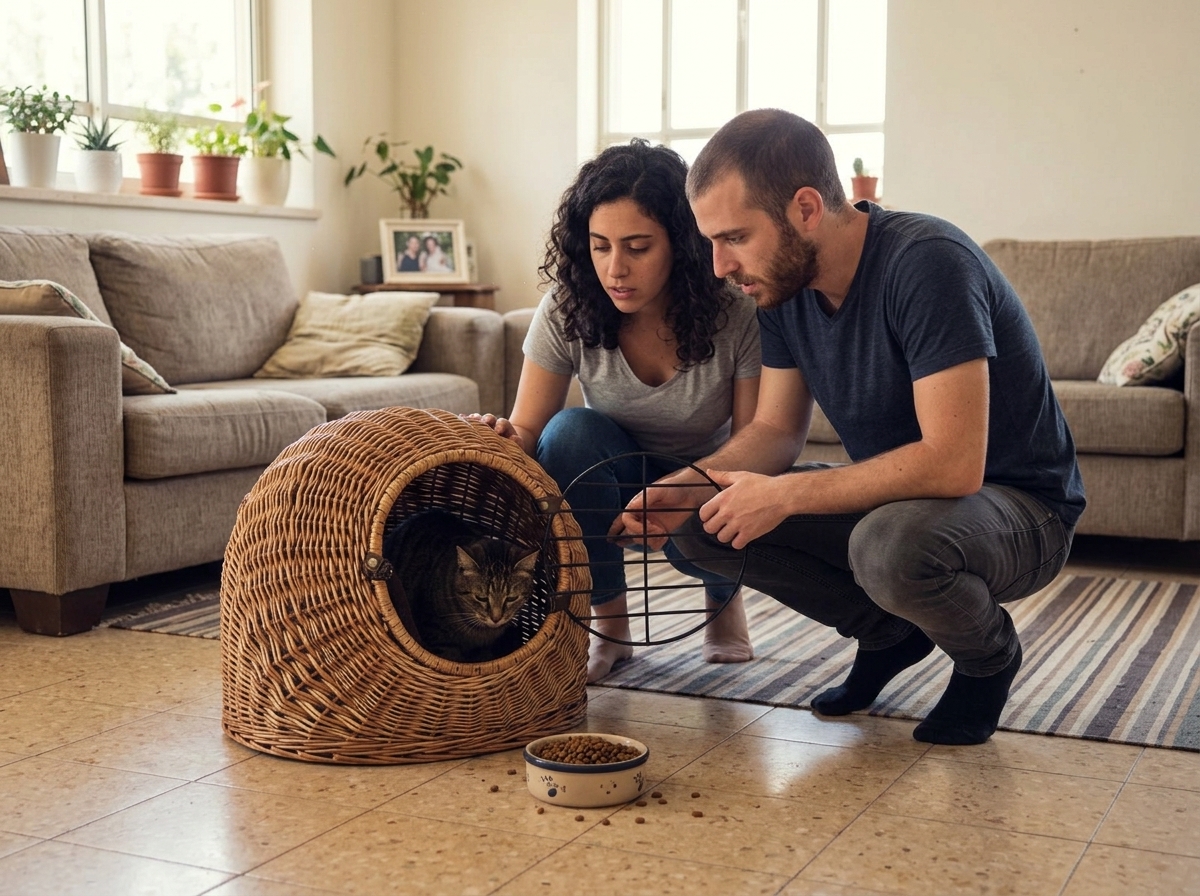 חתולה במנשא פתוח ליד קערת אוכל מלאה ובלתי נגועה