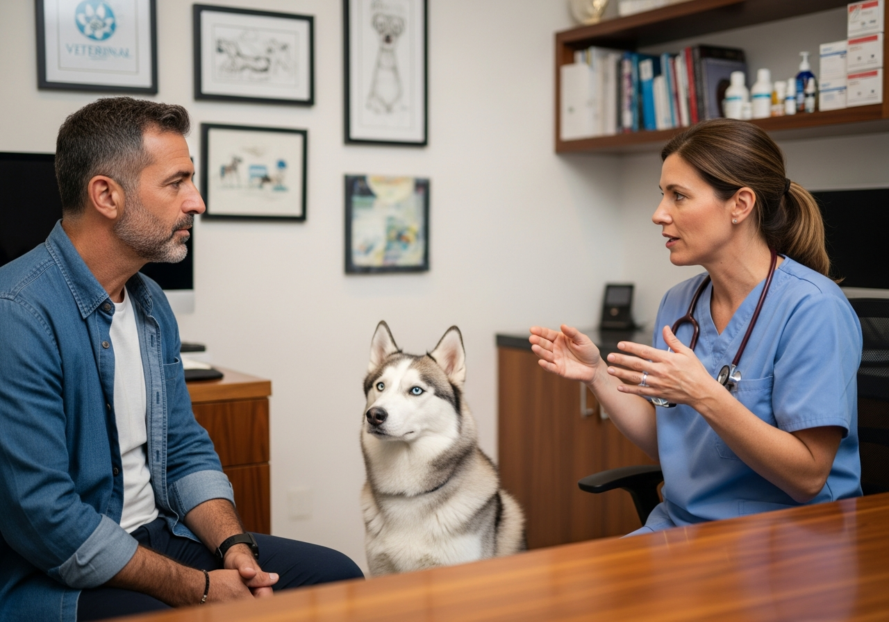 בעל כלב מתייעץ עם וטרינר לגבי מנוי שנתי