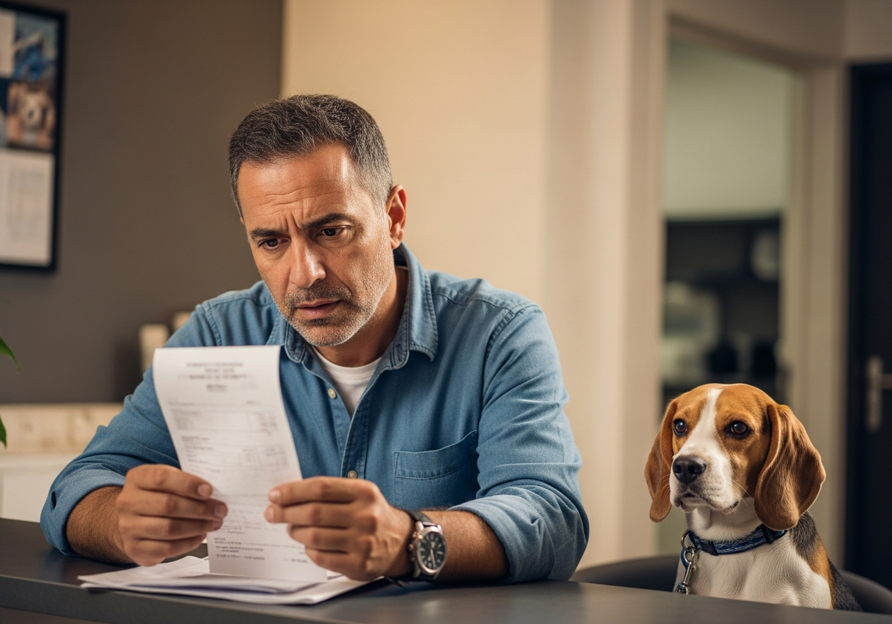 בעל כלב בודק חשבון במרפאה וטרינרית