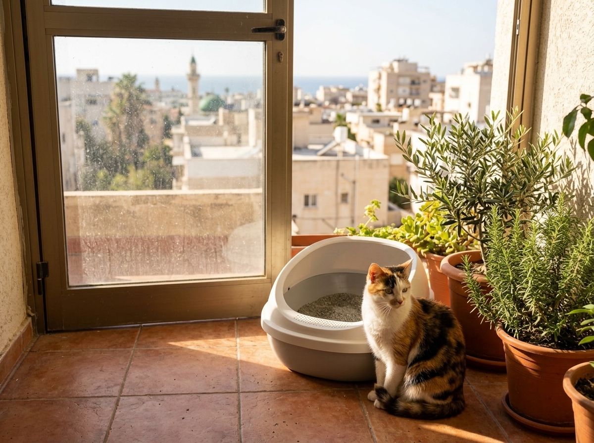 ארגז חול לחתולים בפינת מרפסת ישראלית שקטה עם נוף עירוני