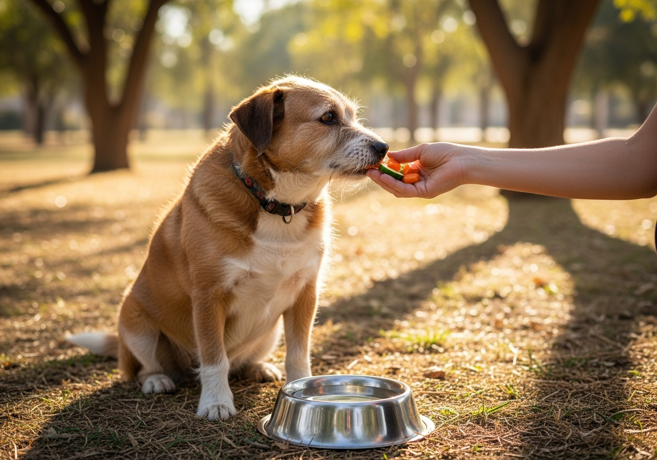 חטיפים דלי קלוריות לכלב וחתול לצד קערת מים
