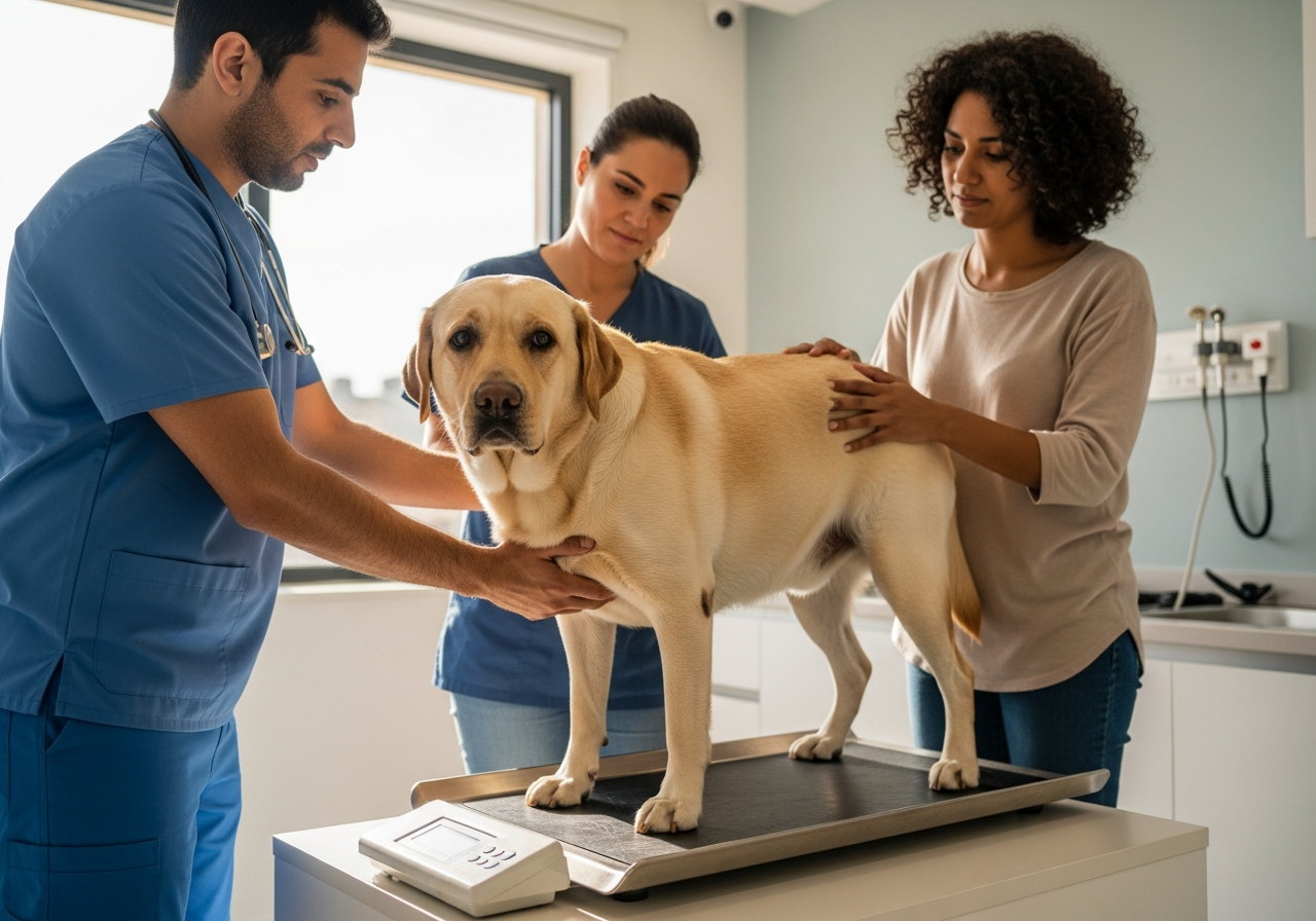 וטרינרית בודקת מצב גוף של כלב עם עודף משקל