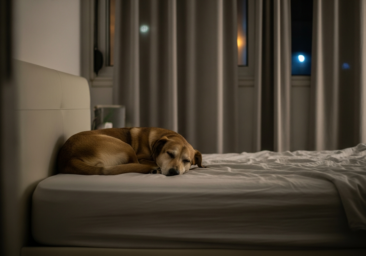 כלב נרגע בבית בלילה עם תריסים סגורים וסביבה שקטה