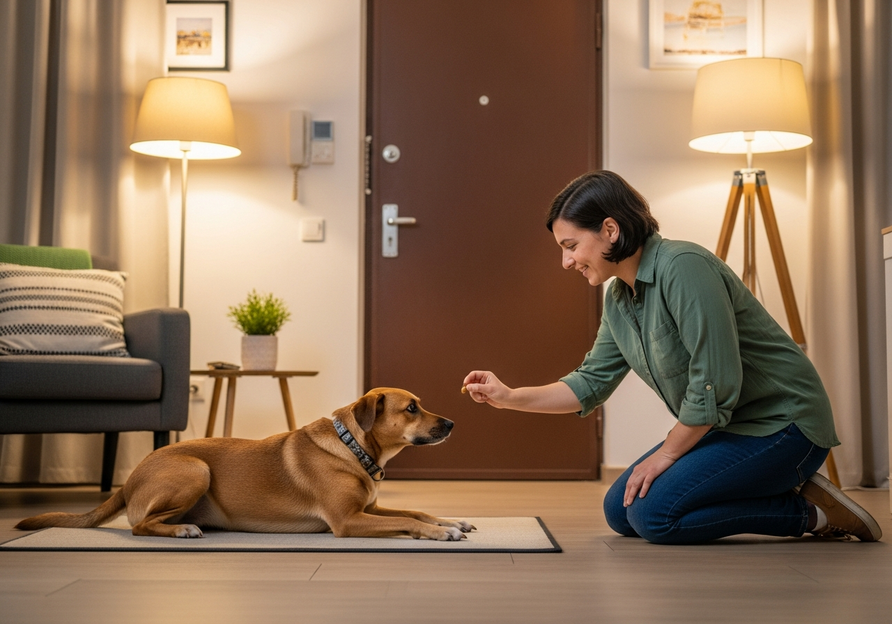 כלב לומד להירגע על מזרן ומקבל חטיף על שקט