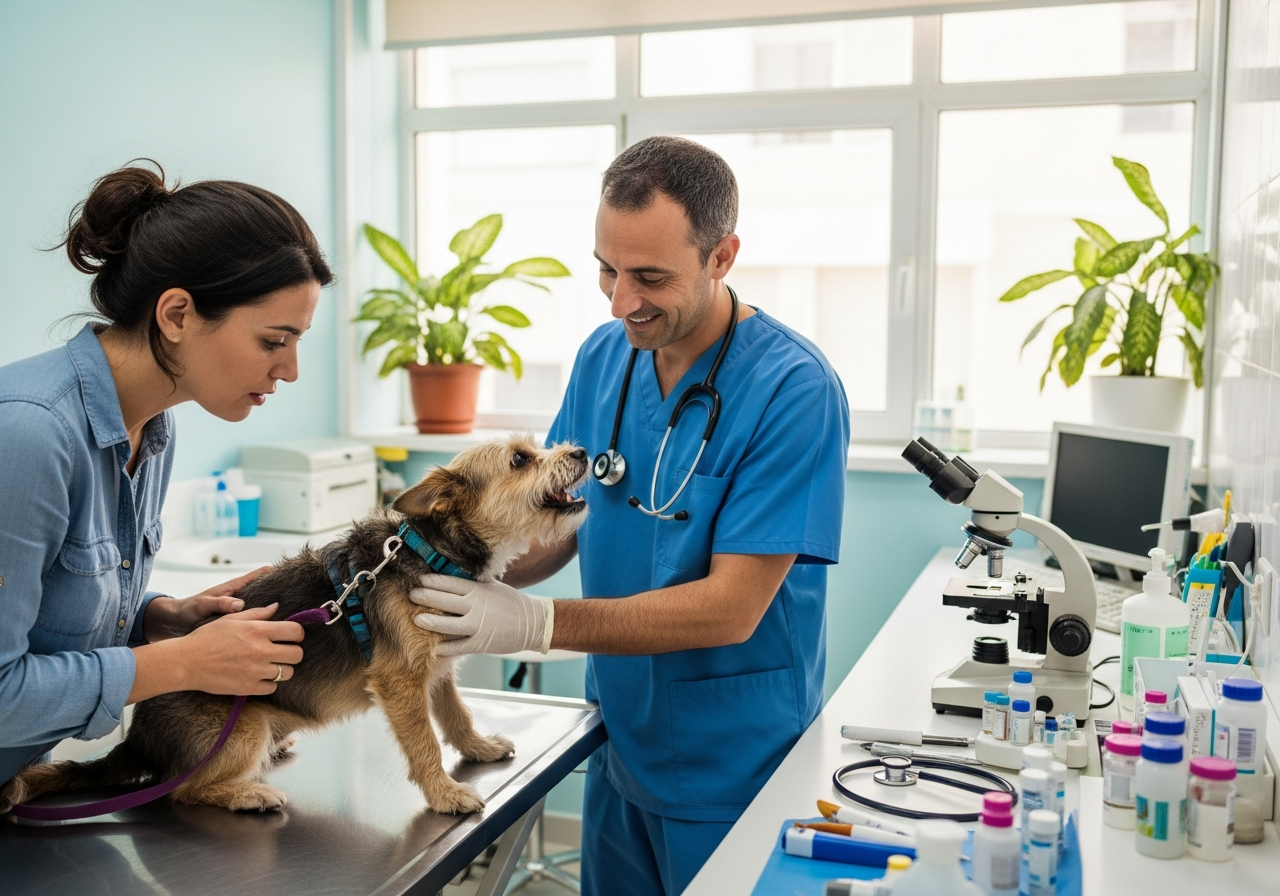 וטרינר בודק כלב עם סימני סטרס או נביחות חריגות