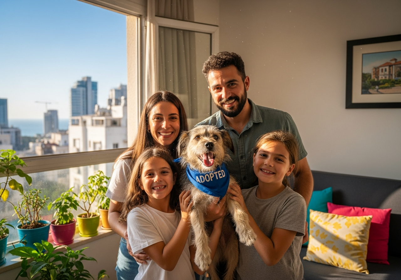 משפחה עם כלב קטן מאומץ בסלון הבית, אווירה חמימה