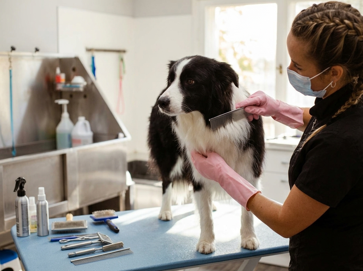 ספרית כלבים רגועה מטפלת בכלב על שולחן טיפוח נקי