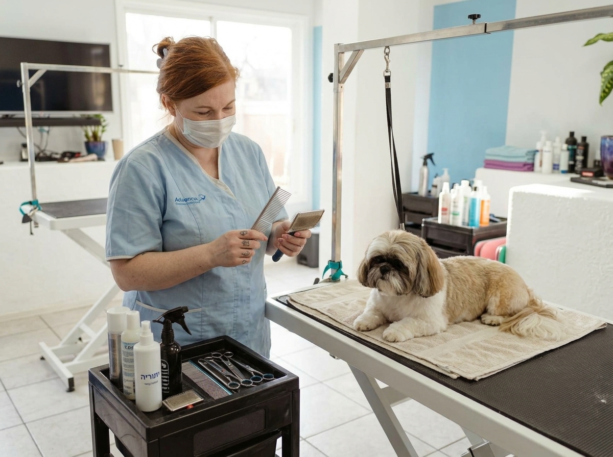 מספרת כלבים נקייה עם כלים מסודרים וסביבה בטוחה