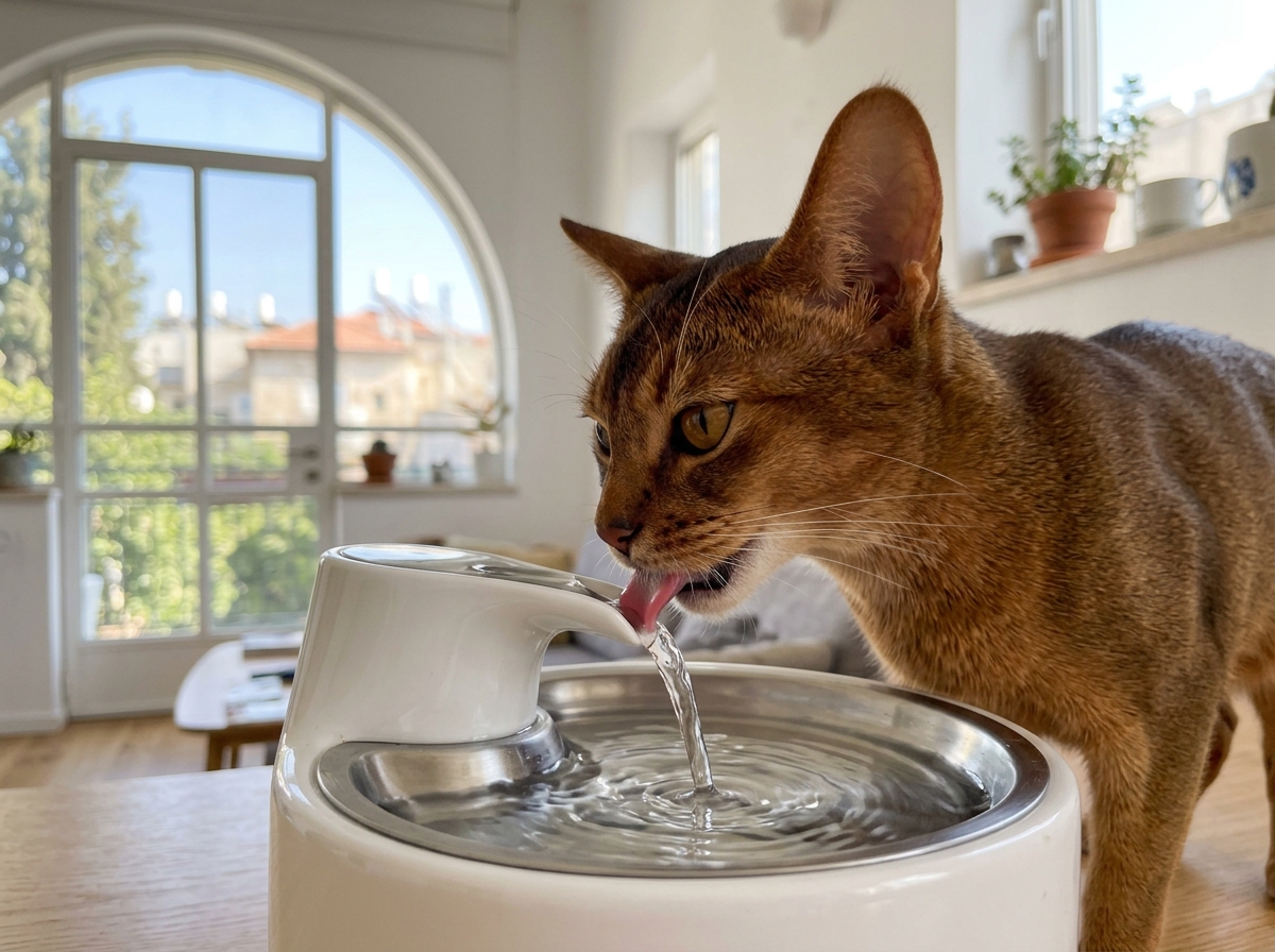 חתול חבשי עם אוזניים גדולות שותה ממזרקת מים מודרנית במטבח