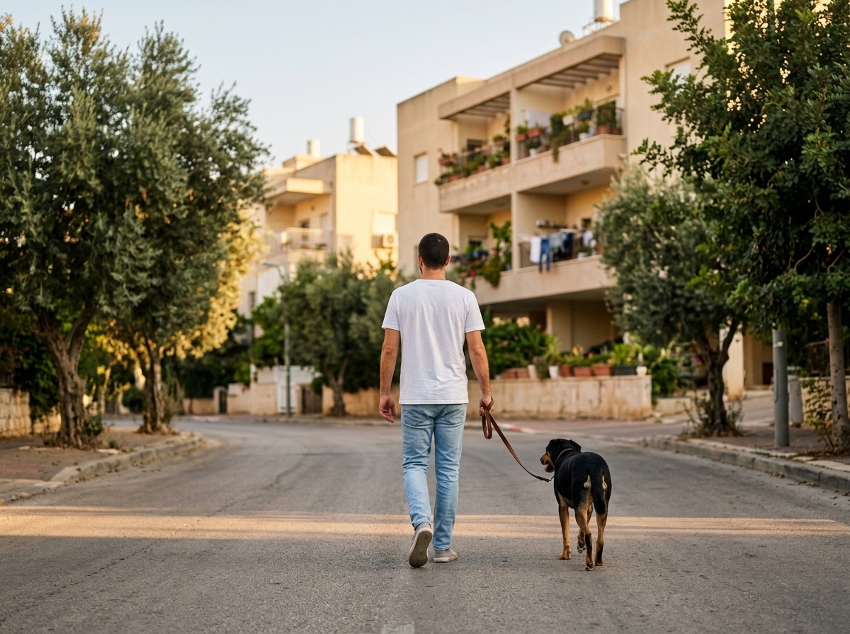 גבר בחולצה לבנה מטייל עם כלב רגוע ברצועה ברחוב מוצל וריק בסגנון ים תיכוני