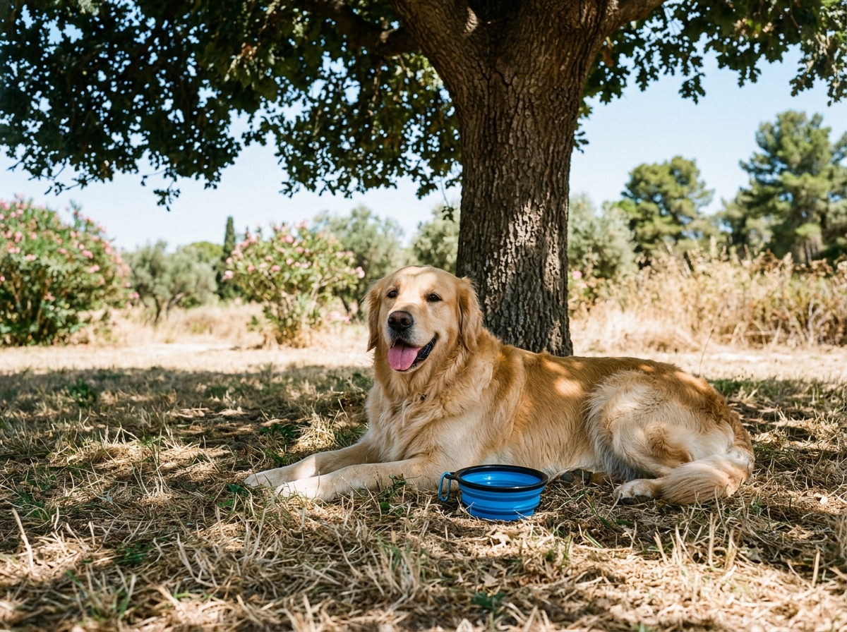 גולדן רטריבר מתנשף בצל עץ עם קערת מים בקיץ הישראלי