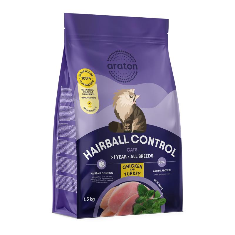 אראטון Hairball Control of Adult All Breed Cats with Chicken and Turkey - מזון יבש לחתולים