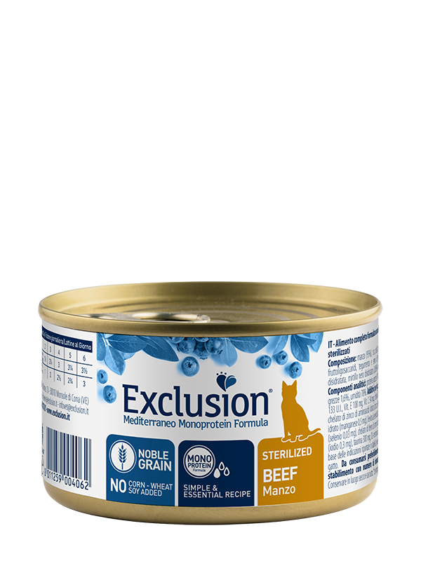 אקסלוז'ן Mediterraneo Monoprotein Formula - Noble Grain Cat Sterilized Beef All Breeds - מזון יבש לחתולים