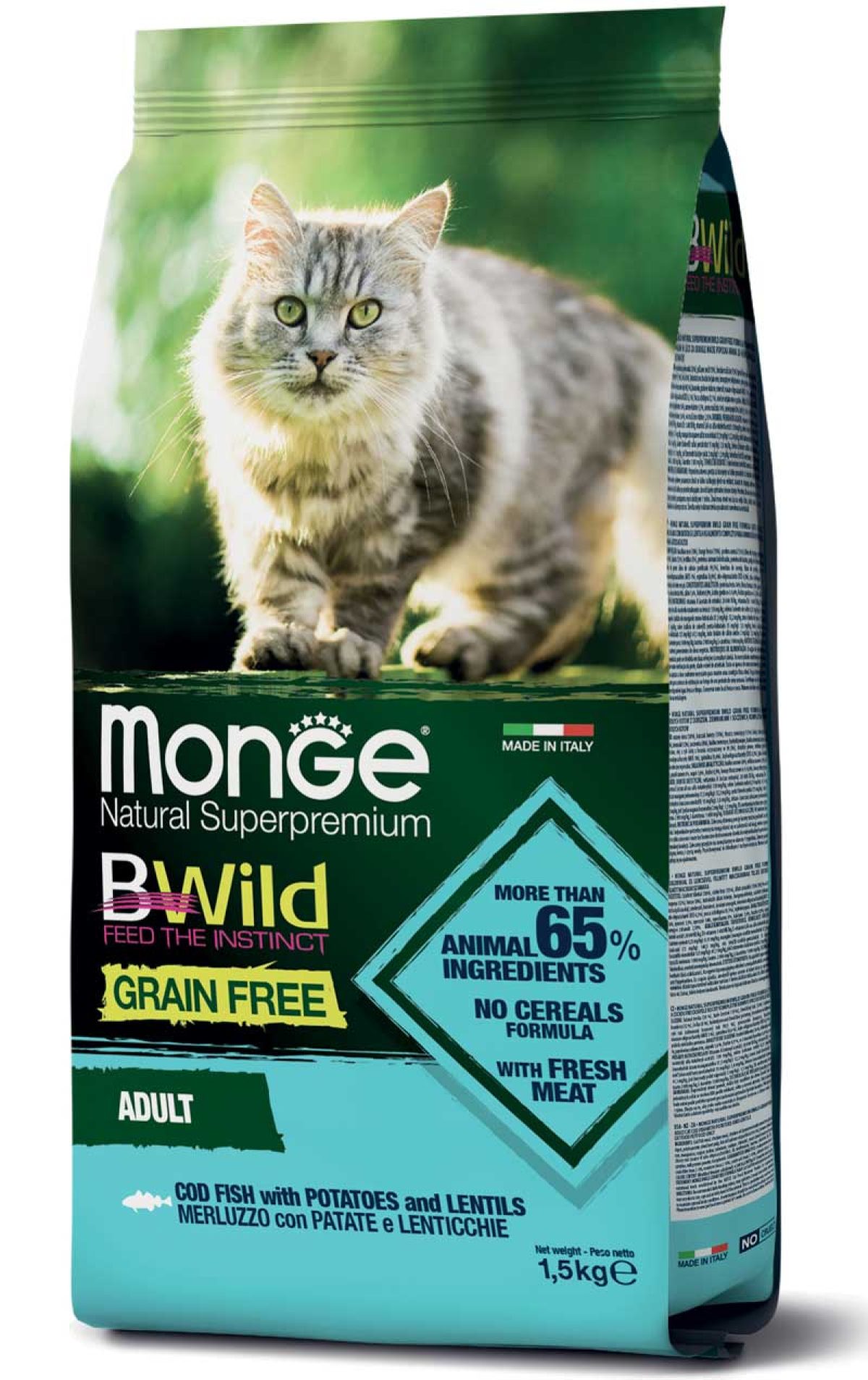 מונג' BWild Grain Free Formula Adult Cat Codfish with Potatoes and Lentils - מזון יבש לחתולים