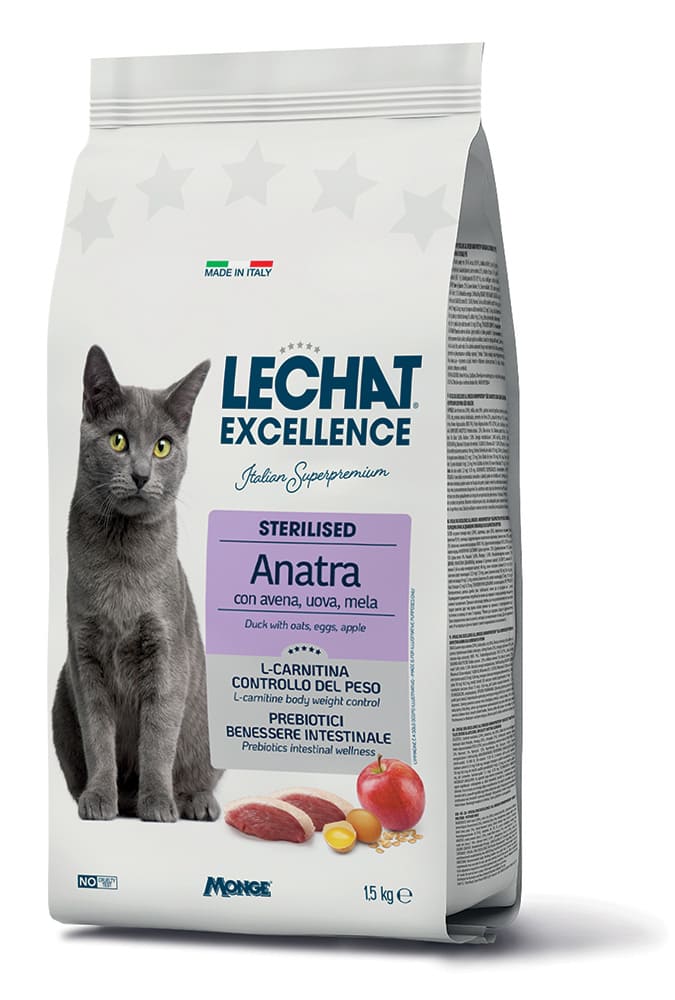 מונג' LeChat Excellence Sterilised Duck - מזון יבש לחתולים